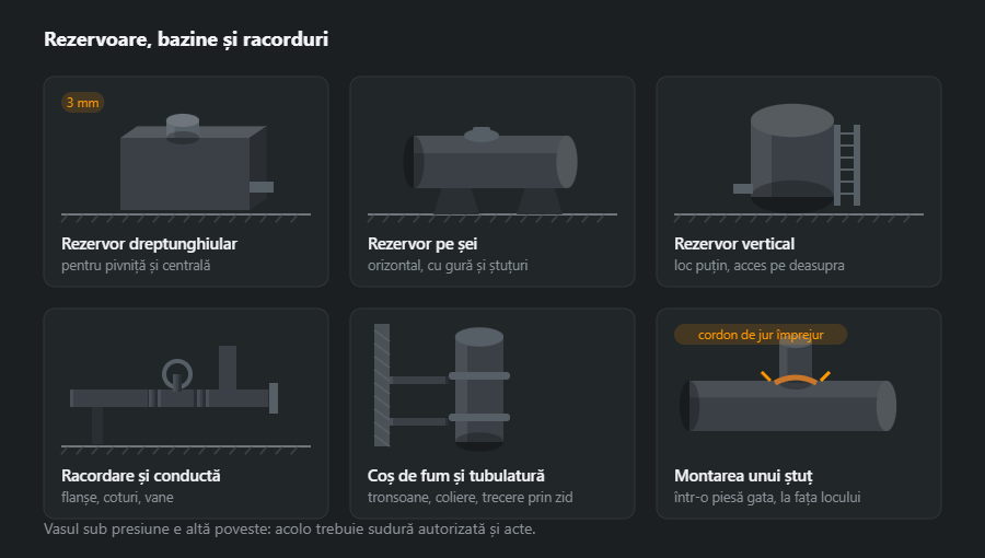 Șase lucrări la rezervoare: rezervor dreptunghiular, rezervor orizontal pe șei, rezervor vertical, racordare cu vană, coș de fum și ștuț montat la fața locului