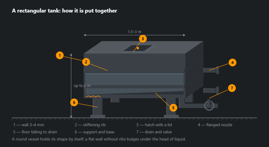 Rectangular tank in oblique projection: body on supports, stiffening ribs outside, hatch with a lid on top, two flanged nozzles on the end, floor falling to the drain and a shut-off valve on the pipework, with sizes and seven callouts