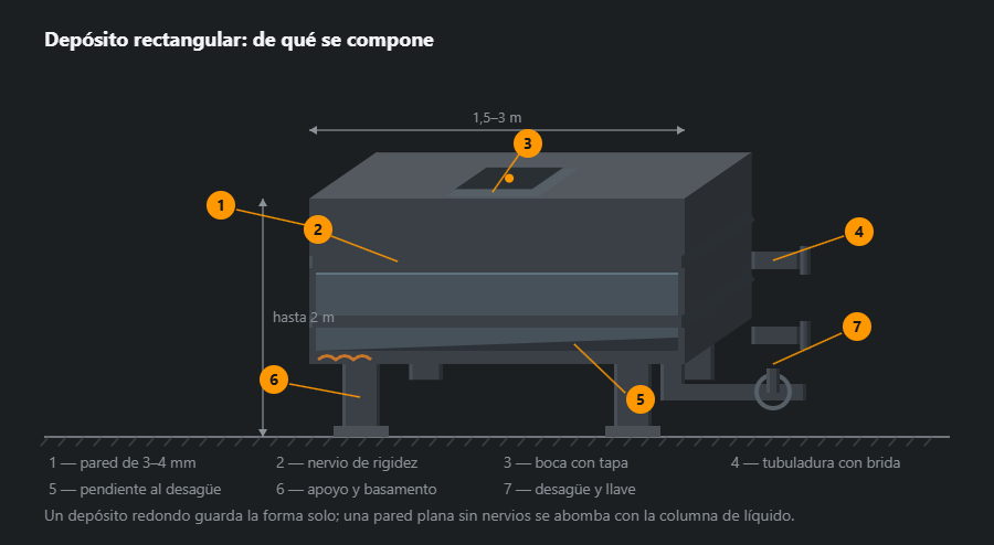 Depósito rectangular en proyección oblicua: cuerpo sobre apoyos, nervios de rigidez por fuera, boca con tapa arriba, dos tubuladuras con brida en el testero, fondo con pendiente al desagüe y llave de corte, con cotas y siete llamadas