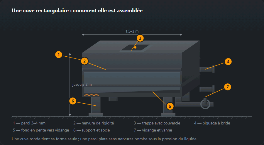 Cuve rectangulaire en projection oblique : corps sur supports, nervures de rigidité à l’extérieur, trappe avec couvercle dessus, deux piquages à bride sur le côté, fond en pente vers la vidange et une vanne d’arrêt sur la tuyauterie, avec cotes et sept repères