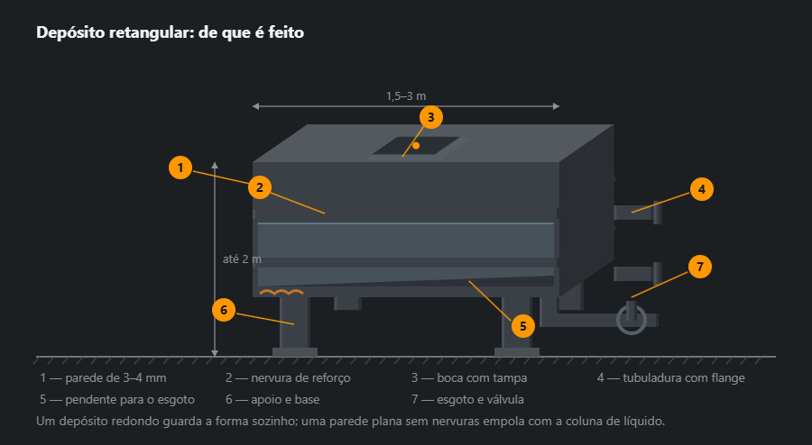 Depósito retangular em projeção oblíqua: corpo sobre apoios, nervuras de reforço por fora, boca com tampa em cima, duas tubuladuras com flange no topo lateral, fundo com pendente para o esgoto e válvula de corte, com cotas e sete chamadas
