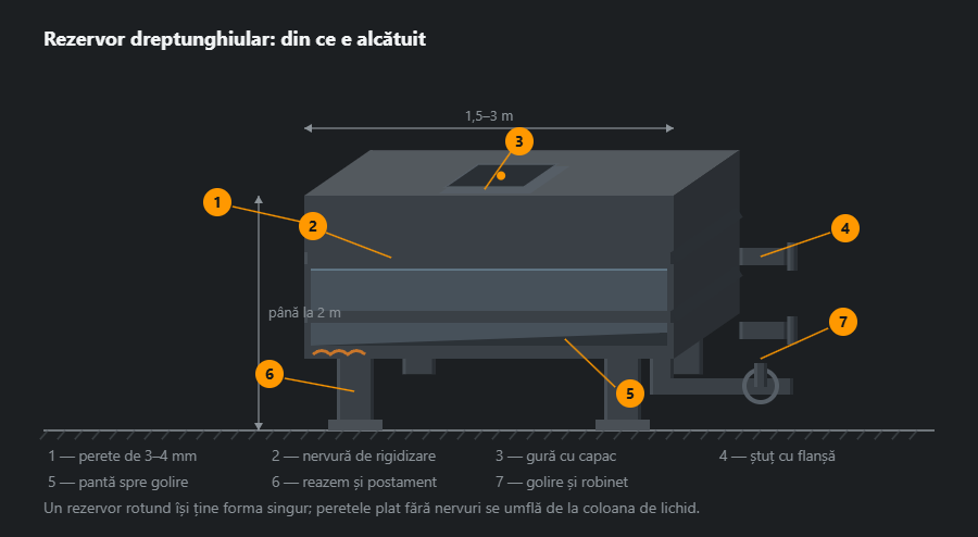 Rezervor dreptunghiular în proiecție oblică: corp pe reazeme, nervuri de rigidizare pe exterior, gură cu capac deasupra, două ștuțuri cu flanșă pe capăt, fund în pantă spre golire și robinet pe racord, cu cote și șapte indicații