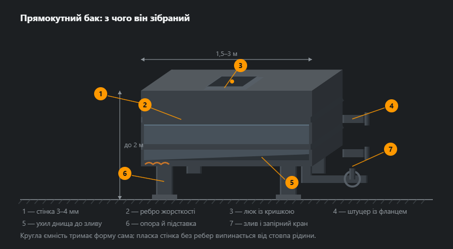 Прямокутний бак у похилій проекції: корпус на опорах, ребра жорсткості зовні, люк із кришкою згори, два штуцери з фланцями на торці, ухил днища до зливу й запірний кран на обв’язці, з габаритами й сімома виносками