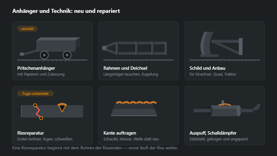 Sechs Arbeiten an Technik: Pritschenanhänger, Rahmen mit Deichsel, Räumschild, Rissreparatur mit Fugenvorbereitung, Auftragschweißen einer verschlissenen Kante und Auspuff mit Schalldämpfer