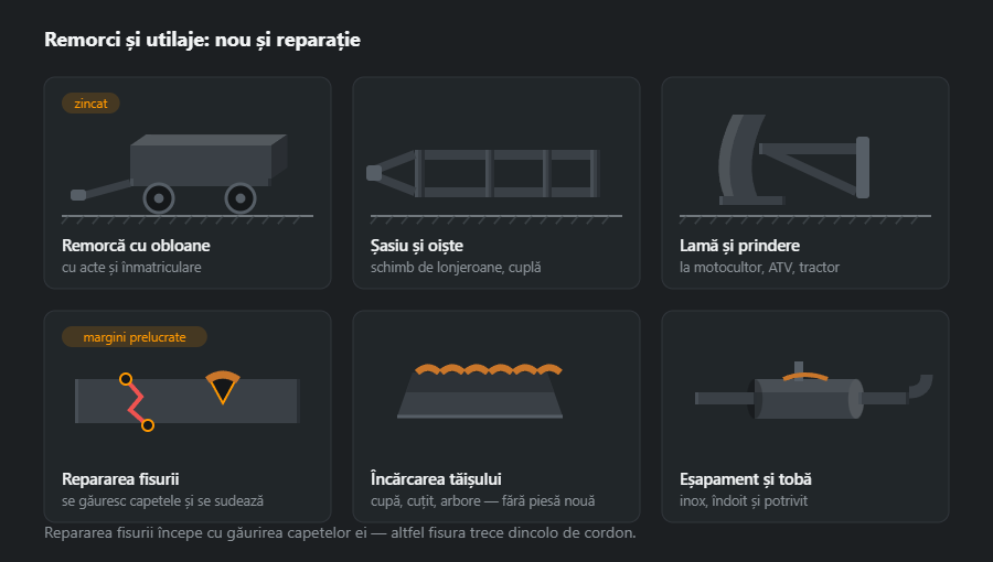 Șase lucrări la utilaje: remorcă cu obloane, șasiu cu oiște, lamă, repararea unei fisuri cu prelucrarea marginilor, încărcare cu sudură a unui tăiș uzat și eșapament cu tobă