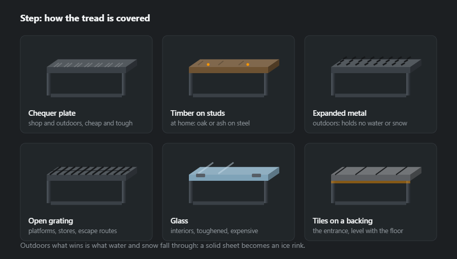 Six tread options: chequer plate, timber on studs, expanded metal, open grating, glass and tiles on a backing