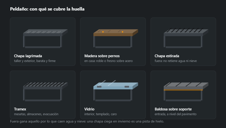 Seis variantes de huella: chapa lagrimada, madera sobre espárragos, chapa perforada estirada, tramex, vidrio y baldosa sobre soporte