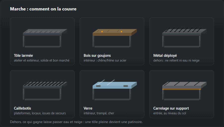 Six revêtements de marche : tôle larmée, bois sur goujons, métal déployé, caillebotis, verre et carrelage sur support