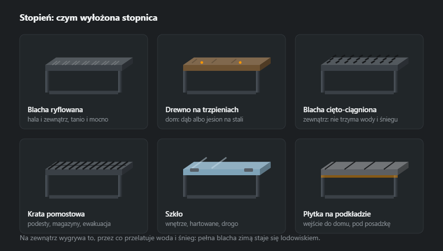 Sześć wariantów stopnicy: blacha ryflowana, drewno na trzpieniach, blacha cięto-ciągniona, krata pomostowa, szkło i płytka na podkładzie