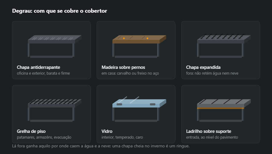 Seis variantes de cobertor: chapa antiderrapante, madeira sobre pernos, chapa expandida, grelha de piso, vidro e ladrilho sobre suporte