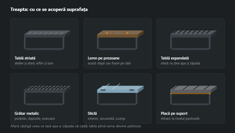 Șase variante de treaptă: tablă striată, lemn pe prezoane, tablă expandată, grătar metalic, sticlă și placă ceramică pe suport