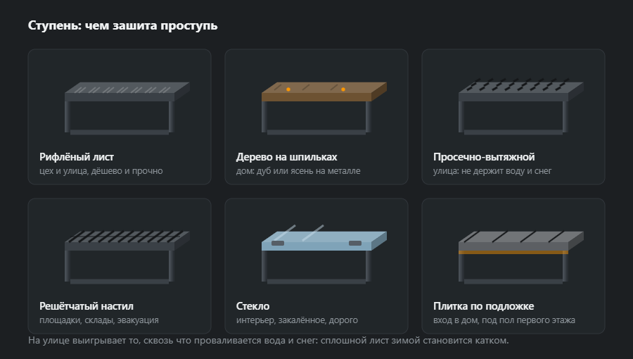 Шесть вариантов проступи: рифлёный лист, дерево на шпильках, просечно-вытяжной лист, решётчатый настил, стекло и плитка по подложке