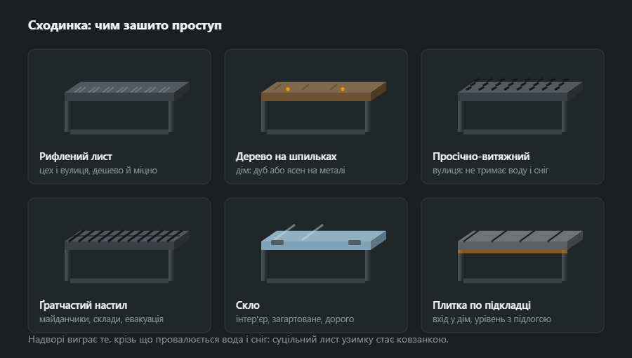 Шість варіантів проступу: рифлений лист, дерево на шпильках, просічно-витяжний лист, ґратчастий настил, скло та плитка по підкладці
