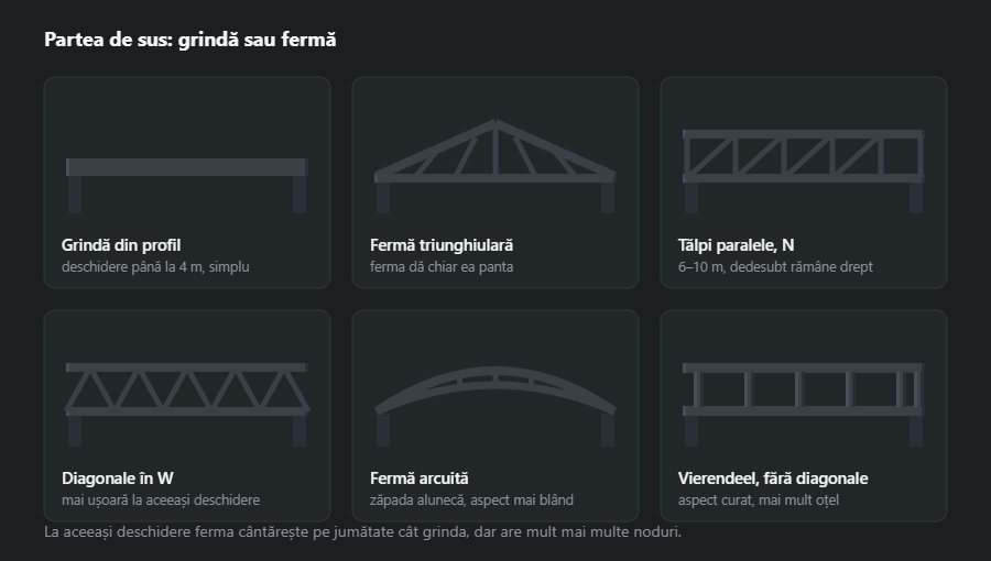 Șase variante pentru partea portantă de sus: grindă din profil, fermă triunghiulară, fermă cu tălpi paralele și montanți în N, diagonale în W, fermă arcuită și fermă Vierendeel
