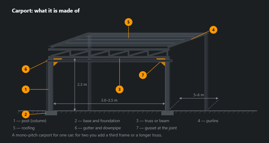 A carport in oblique projection: two front and two rear posts, a truss along the front edge, purlins, roofing, a gutter and gussets at the joints, with dimensions and seven callouts