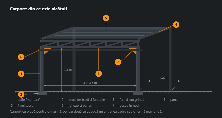 Carport în proiecție oblică: doi stâlpi în față și doi în spate, fermă pe muchia din față, pane, învelitoare, jgheab și gusee în noduri, cu cote și șapte indicații