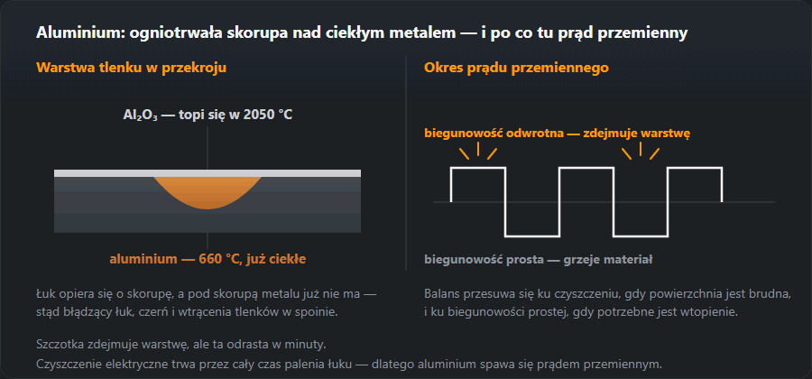 Przekrój aluminium: warstwa tlenku nad już ciekłym metalem, obok okres prądu przemiennego z półfalami czyszczenia i wtopienia