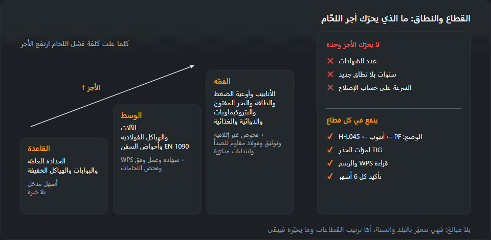 درجات ثلاثة لمستويات القطاعات: القاعدة — الحدادة العامّة والهياكل الخفيفة، الوسط — الآلات والهياكل الفولاذية EN 1090 وأحواض السفن، القمّة — الأنابيب وأوعية الضغط والطاقة والبحر المفتوح والبتروكيماويات والدوائية؛ وبجانبها ما لا يحرّك الأجر وحده وما ينفع في كل قطاع: الأوضاع وTIG وقراءة WPS والتأكيدات السارية
