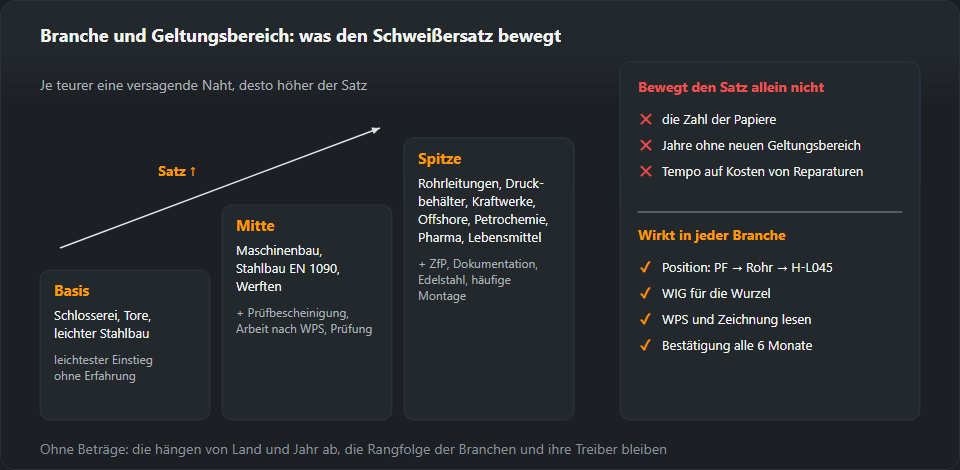 Treppe aus drei Branchenstufen: Basis — Schlosserei und leichter Stahlbau, Mitte — Maschinenbau, Stahlbau EN 1090 und Werften, Spitze — Rohrleitungen, Druckbehälter, Kraftwerke, Offshore, Petrochemie und Pharma; daneben, was den Satz allein nicht bewegt, und was in jeder Branche wirkt: Positionen, WIG, WPS lesen, gültige Bestätigungen