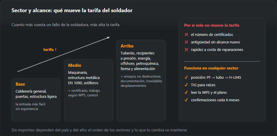 Escalones con tres niveles de sectores: base — calderería general y estructura ligera, medio — maquinaria, estructura EN 1090 y astilleros, arriba — tuberías, recipientes a presión, energía, offshore, petroquímica y farma; al lado, lo que por sí solo no mueve la tarifa y lo que funciona en cualquier sector: posiciones, TIG, leer la WPS, confirmaciones al día