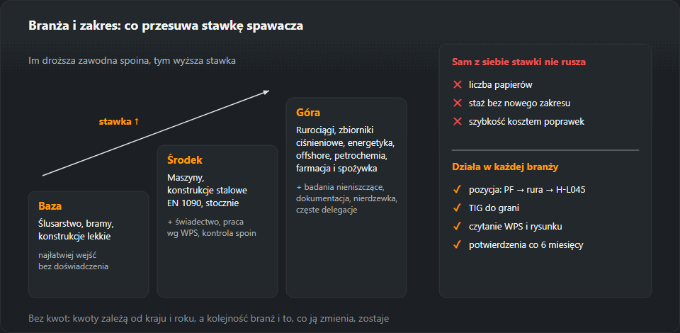 Schodki trzech poziomów branż: baza — ślusarstwo i konstrukcje lekkie, środek — maszyny, konstrukcje EN 1090 i stocznie, góra — rurociągi, zbiorniki ciśnieniowe, energetyka, offshore, petrochemia i farmacja; obok lista tego, co samo stawki nie rusza, i tego, co działa w każdej branży: pozycje, TIG, czytanie WPS, ważne potwierdzenia