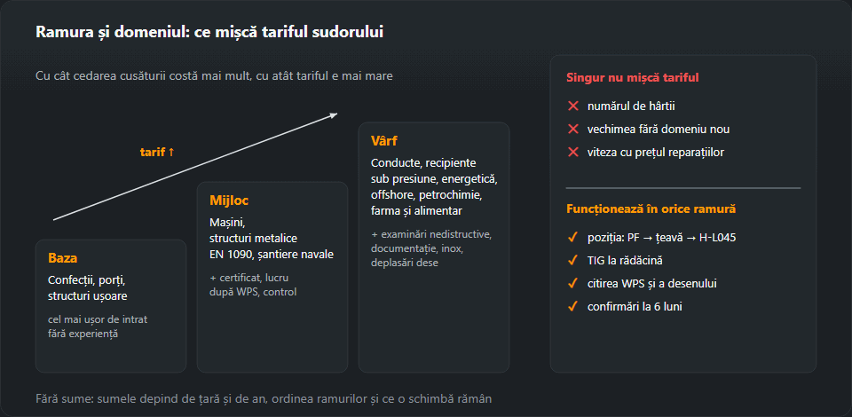 Trepte cu trei niveluri de ramuri: baza — confecții și structuri ușoare, mijlocul — mașini, structuri EN 1090 și șantiere navale, vârful — conducte, recipiente sub presiune, energetică, offshore, petrochimie și farma; alături ce nu mișcă singur tariful și ce funcționează în orice ramură: poziții, TIG, citirea WPS, confirmări la zi