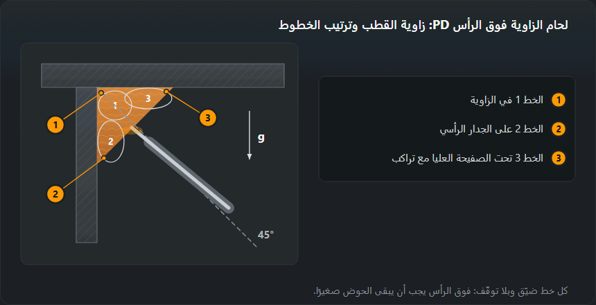 مقطع وصلة T في الوضع PD: صفيحة أفقية فوق الرأس وجدار رأسي تحتها؛ القطب أقلّ ميلًا من المنصِّف 45°؛ ثلاثة خطوط — الأول في الزاوية، والثاني على الجدار الرأسي، والثالث تحت الصفيحة العليا مع تراكب