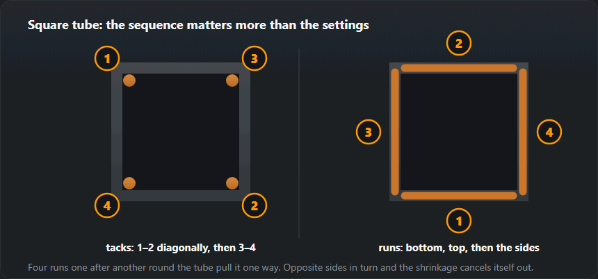Square tube in section: tacks placed diagonally at the corners and four runs on opposite sides in turn