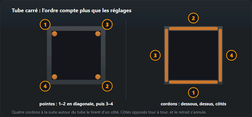 Tube carré en coupe : pointages placés en diagonale aux angles et quatre cordons sur les côtés opposés tour à tour
