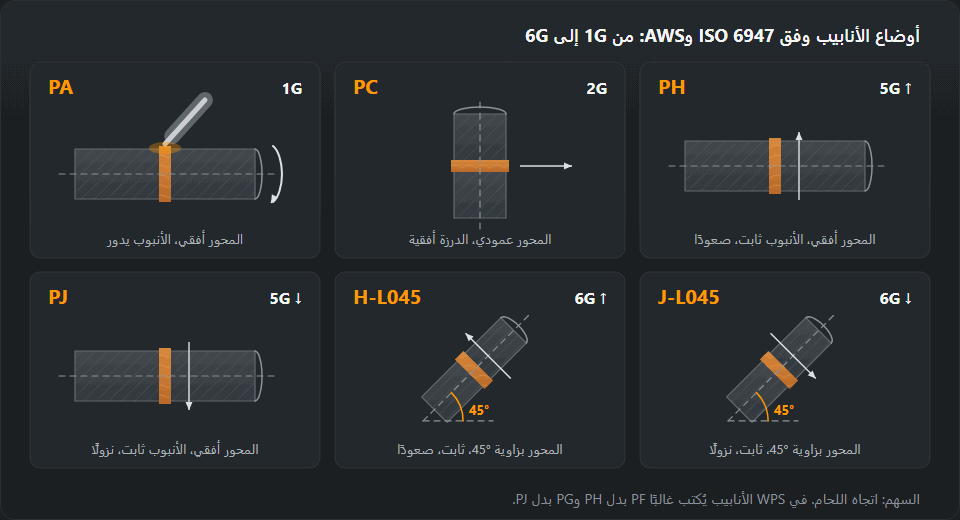 ستة أوضاع للأنبوب: PA (1G) محور أفقي والأنبوب يدور واللحام دائمًا من الأعلى؛ PC (2G) محور عمودي والدرزة تدور أفقيًا حول الأنبوب؛ PH وPJ (5G) محور أفقي وأنبوب ثابت واللحام صعودًا أو نزولًا؛ H-L045 وJ-L045 (6G) محور بزاوية 45° وأنبوب ثابت صعودًا أو نزولًا