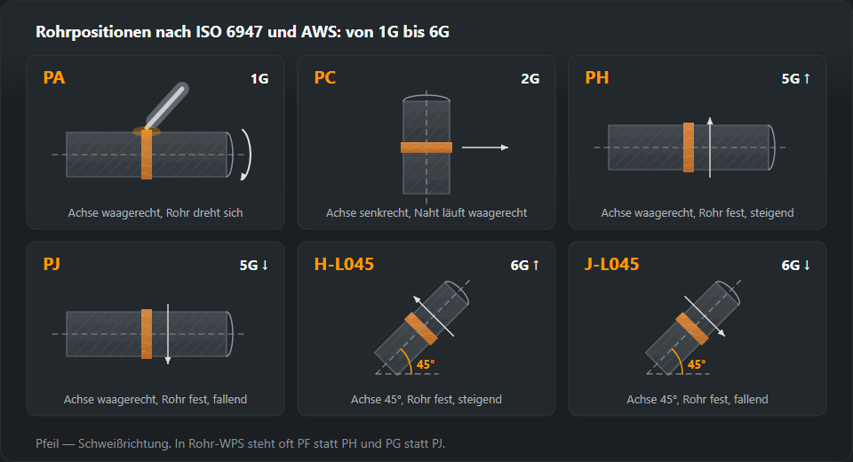 Sechs Rohrlagen: PA (1G) — Achse waagerecht, Rohr wird gedreht, immer von oben geschweißt; PC (2G) — Achse senkrecht, die Naht läuft waagerecht um das Rohr; PH und PJ (5G) — Achse waagerecht, Rohr fest, steigend oder fallend; H-L045 und J-L045 (6G) — Achse unter 45°, Rohr fest, steigend oder fallend