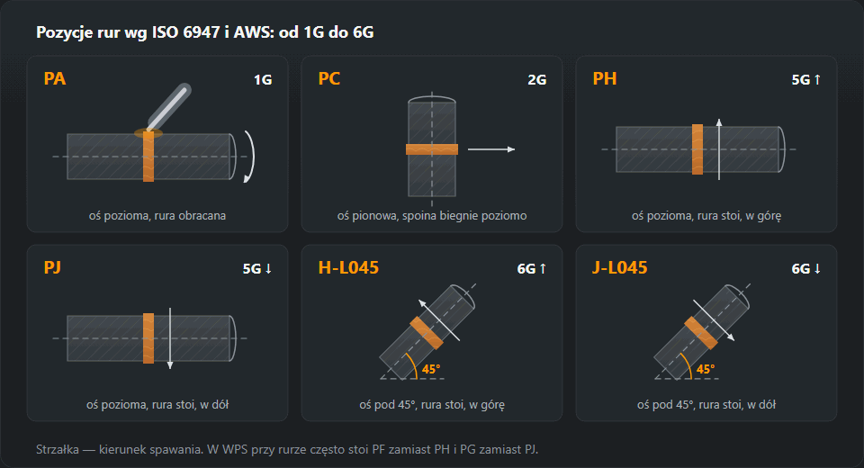 Sześć ustawień rury: PA (1G) — oś pozioma, rura obracana, spawanie zawsze z góry; PC (2G) — oś pionowa, spoina biegnie poziomo dookoła; PH i PJ (5G) — oś pozioma, rura nieruchoma, spawanie w górę albo w dół; H-L045 i J-L045 (6G) — oś pod 45°, rura nieruchoma, w górę albo w dół