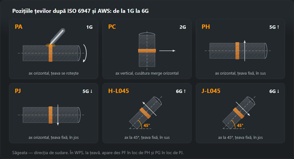 Șase poziții ale țevii: PA (1G) — ax orizontal, țeava se rotește, se sudează mereu de sus; PC (2G) — ax vertical, cusătura merge orizontal de jur împrejur; PH și PJ (5G) — ax orizontal, țeava fixă, sudare în sus sau în jos; H-L045 și J-L045 (6G) — ax la 45°, țeava fixă, în sus sau în jos