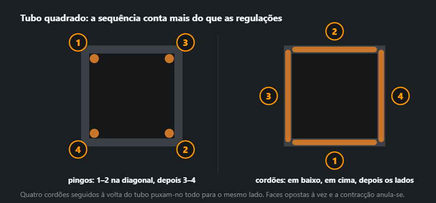 Tubo quadrado em corte: pingos colocados na diagonal nos cantos e quatro cordões alternados em faces opostas