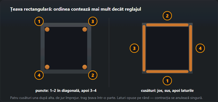 Țeavă rectangulară în secțiune: puncte de sudură în diagonală, în colțuri, și patru cusături pe laturi opuse, pe rând