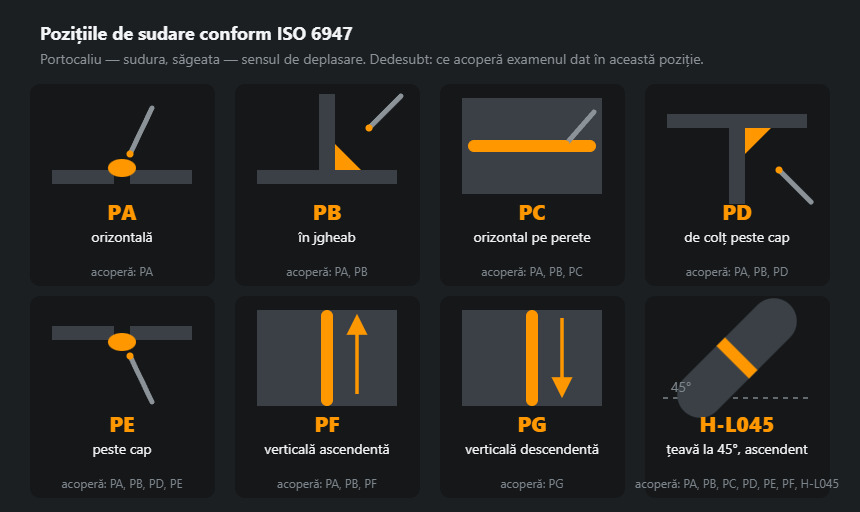 Opt poziții de sudare conform ISO 6947: orizontală jos, de colț, orizontală, peste cap, verticale și țeava la 45° — cu sensul de deplasare și domeniul acoperit