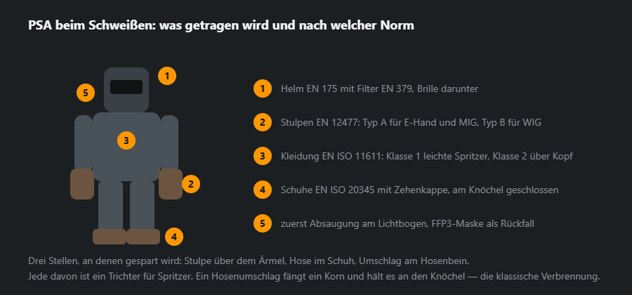 Eine Schweißerfigur mit nummerierten Schutzpunkten und der Liste der Normen: Helm, Stulpenhandschuhe, Kleidung, Schuhe, Atemschutz
