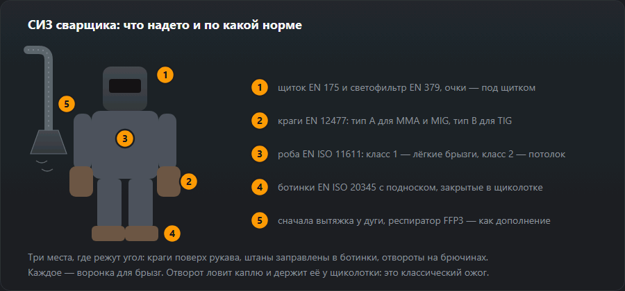 Фигура сварщика с пронумерованными местами защиты и список норм: щиток, краги, роба, ботинки, дыхание
