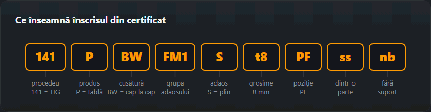 Descompunerea codului 141 P BW FM1 S t8 PF ss nb în nouă câmpuri: procedeu, produs, tip de cusătură, grupa adaosului, adaos, grosime, poziție, sudare dintr-o parte, fără suport