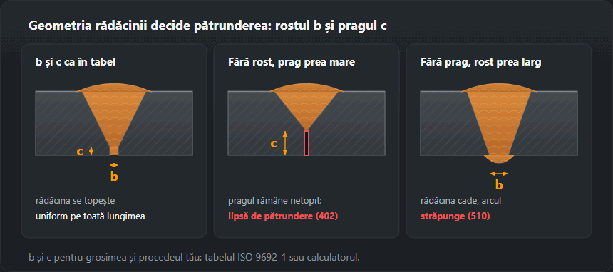 Trei secțiuni printr-o îmbinare cap la cap cu rost V: rost și prag corecte cu rădăcina topită complet; rost închis cu prag mare și rădăcina netopită; margine ascuțită cu rost larg, rădăcină căzută și străpunsă