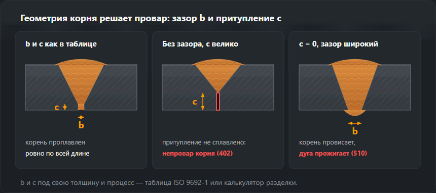 Три разреза стыка с V-образной разделкой: правильные зазор и притупление с проплавленным корнем; закрытый зазор с большим притуплением и непроваром корня; острая кромка с широким зазором, провисом и прожогом