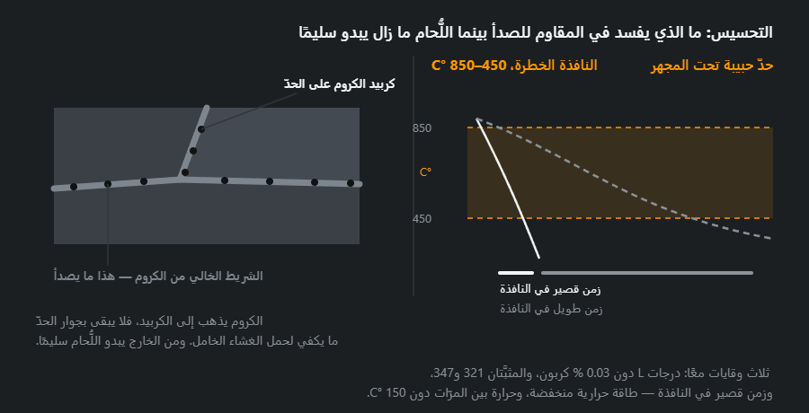 حدود حبيبات في فولاذ مقاوم للصدأ مع ترسّب كربيد الكروم والشريط الفقير بجواره، ونافذة 450–850 °C