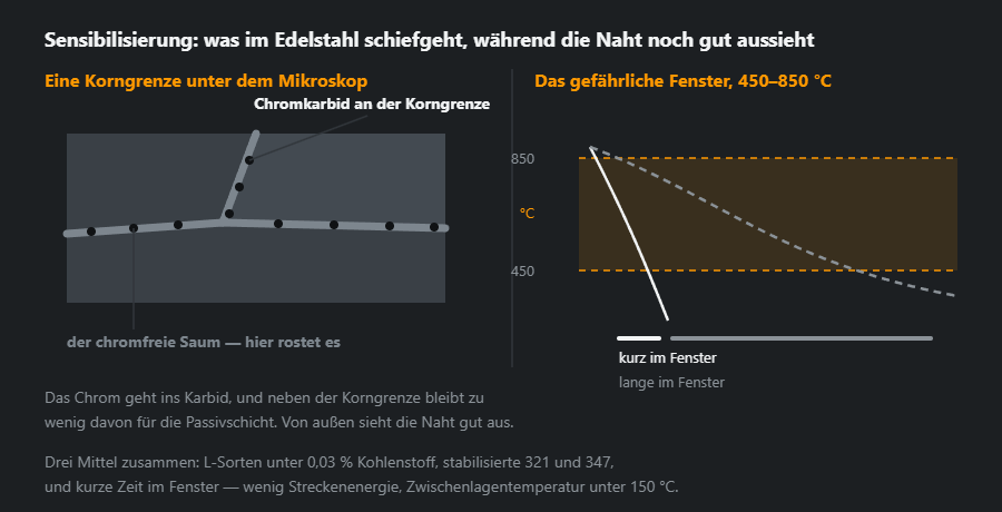 Eine Korngrenze im Edelstahl mit Chromkarbid und dem verarmten Saum daneben, dazu das Fenster 450–850 °C mit einer schnellen und einer langsamen Abkühlkurve