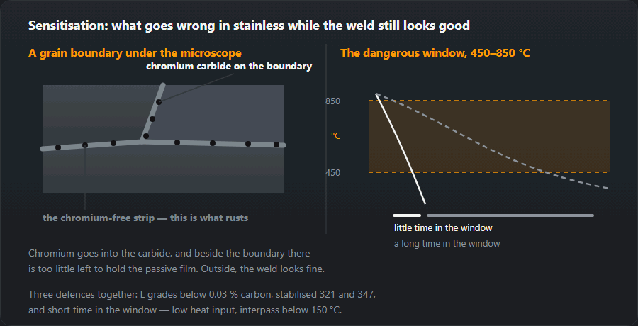 A stainless grain boundary with chromium carbide and the depleted strip beside it, plus the 450–850 °C window with a fast and a slow cooling curve