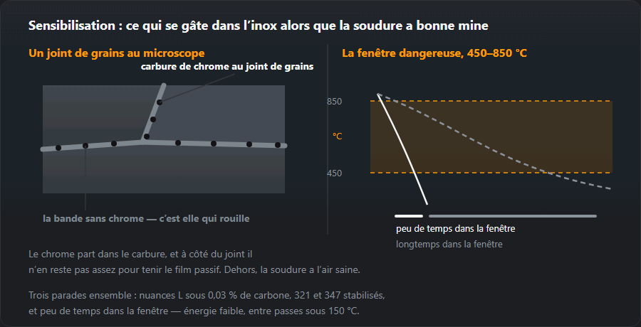Joint de grains d’un acier inoxydable avec carbure de chrome et la bande appauvrie à côté, et la fenêtre 450–850 °C avec une courbe de refroidissement rapide et une lente