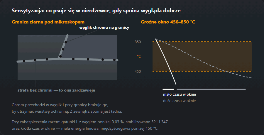 Granica ziarna stali nierdzewnej z węglikiem chromu i zubożoną strefą obok, oraz okno 450–850 °C z szybką i wolną krzywą stygnięcia