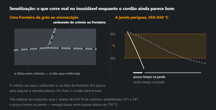 Uma fronteira de grão em inoxidável com carboneto de crómio e a faixa empobrecida ao lado, mais a janela dos 450–850 °C com uma curva de arrefecimento rápida e outra lenta
