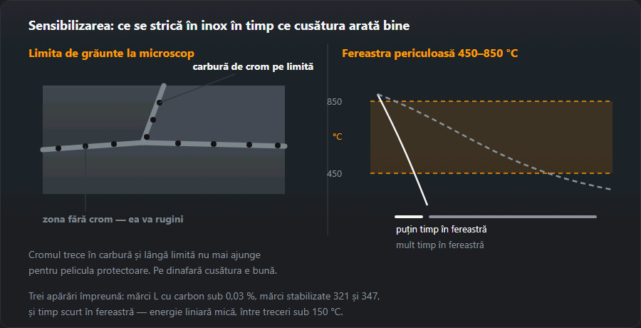 Limita de grăunte a inoxului cu carbură de crom și zona sărăcită alături, plus fereastra 450–850 °C cu o curbă rapidă și una lentă de răcire