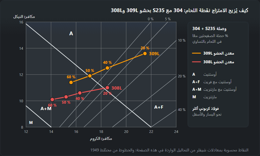 جزء من مخطّط شيفلر بمسارين لنقطة لحام 304 مع S235 عند امتزاج 20 و40 و50 و60 %: حشو 309L من 21.5/13.6 إلى 15.6/11.4، وحشو 308L من 18.5/11.0 إلى 14.1/10.1؛ وكلّما زاد الفولاذ الكربوني اقتربت النقطة من منطقة الأوستنيت مع المارتنزيت