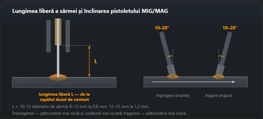 Secțiune prin pistoletul MIG/MAG cu lungimea liberă a sârmei și două poziții ale pistoletului: împingere și tragere